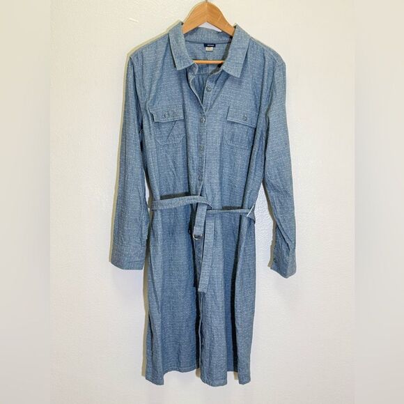 Basic Editions - Belted Denim Polka Dot Shirt Dress Long Sleeve  - size L - Picture 1 of 9